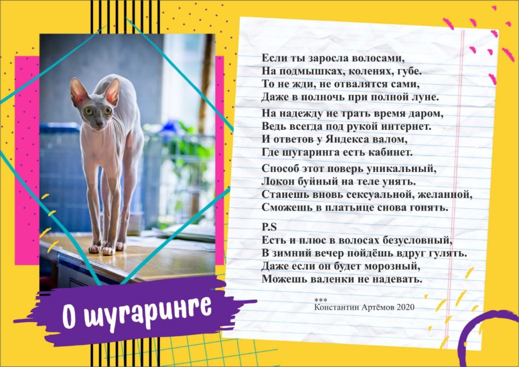 Если ты заросла волосами,
На подмышках, коленях, губе.
То не жди, не отвалятся сами,
Даже в полночь при полной луне.

На надежду не трать время даром,
Ведь всегда под рукой интернет.
И ответов у Яндекса валом,
Где шугаринга есть кабинет.

Способ этот поверь уникальный,
Локон буйный на теле унять.
Станешь вновь сексуальной, желанной,
Сможешь в платьице снова гонять.

P.S
Есть и плюс в волосах безусловный,
В зимний вечер пойдёшь вдруг гулять.
Даже если он будет морозный,
Можешь валенки не надевать.